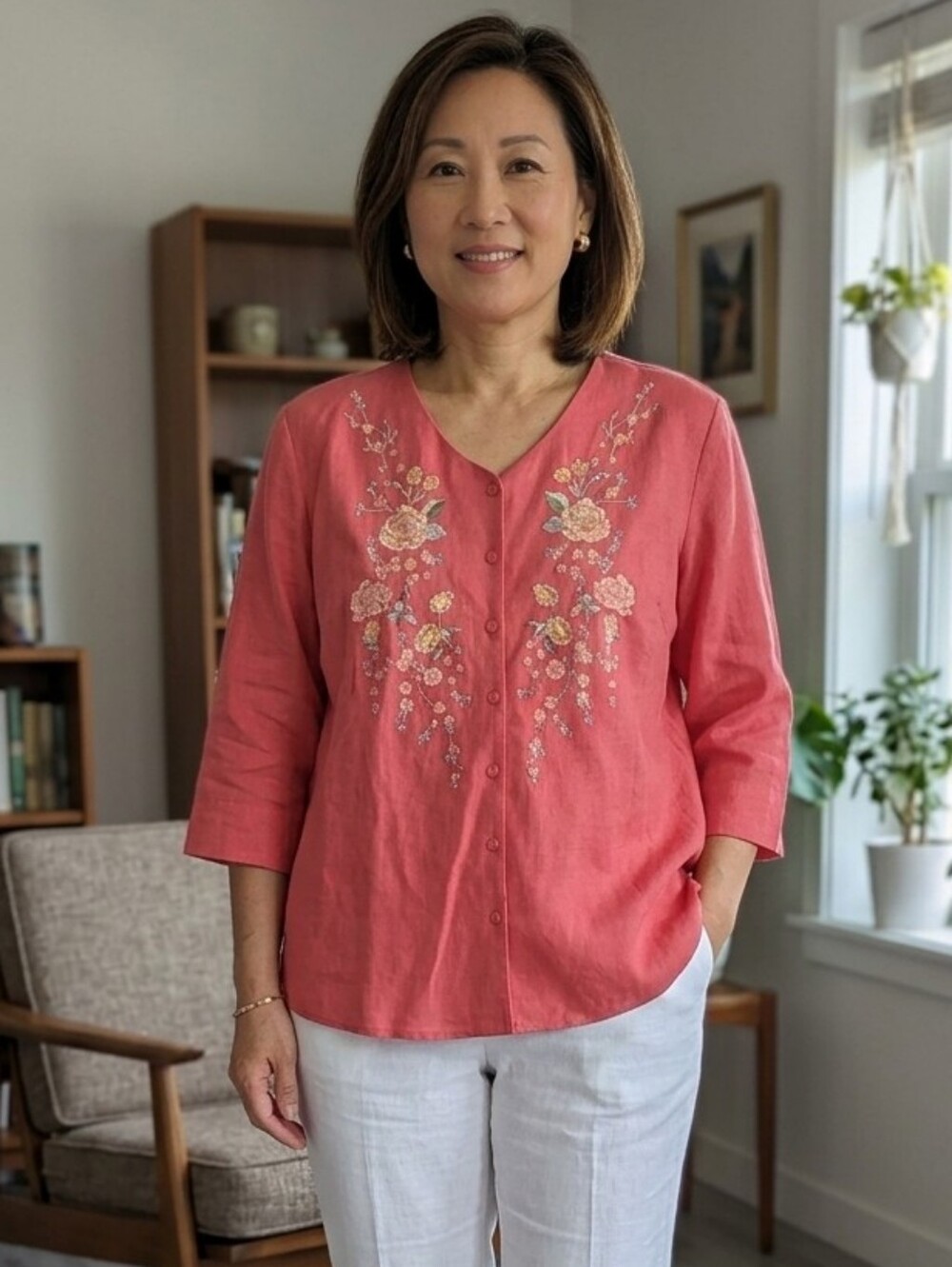 Northern Reflections Coral Linen Cotton Embroidered Relaxed Button Down Shirt XL